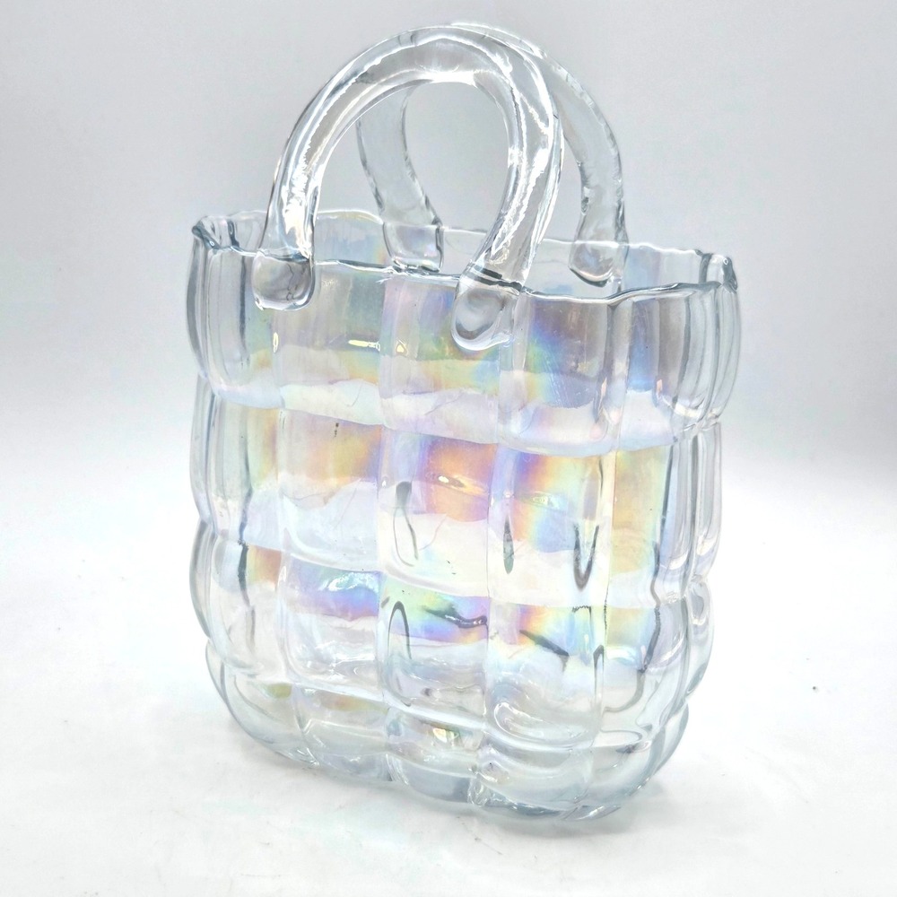 Iridescent Glass Quilted Handbag Purse Vase STUNNING